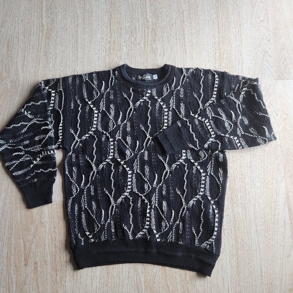 Vintage Alan Stuart 3D Cosby Coogi-Style Sweater Crew Neck Black White USA Made